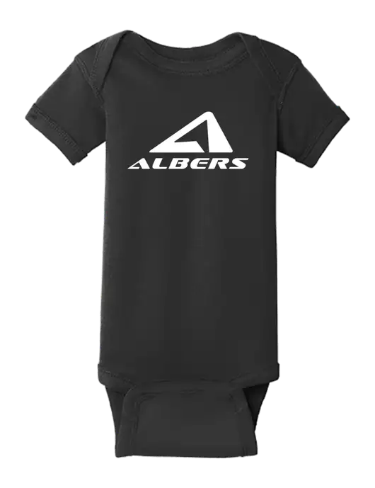 Rabbit Skins Black Infant Short Sleeve Baby Rib Bodysuit w/Albers Aerospace Logo