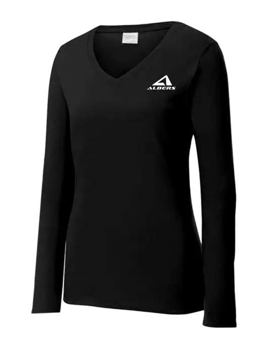 Womens V-Neck Ring Spun Jet Black 4.5 oz Long Sleeve T-Shirt w/Albers Aerospace Logo