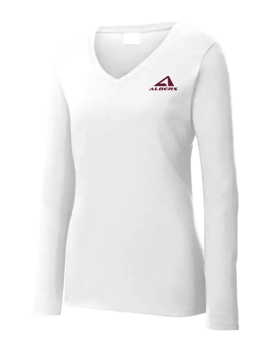 Womens  V-Neck Ring Spun White 4.5 oz Long Sleeve T-Shirt w/Albers Aerospace Logo