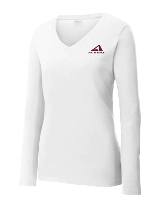 Womens  V-Neck Ring Spun White 4.5 oz Long Sleeve T-Shirt w/Albers Aerospace Logo
