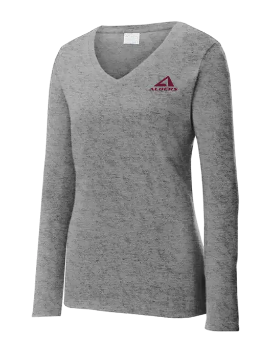Womens  V-Neck Ring Spun Grey Heather 4.5 oz Long Sleeve T-Shirt w/Albers Aerospace Logo
