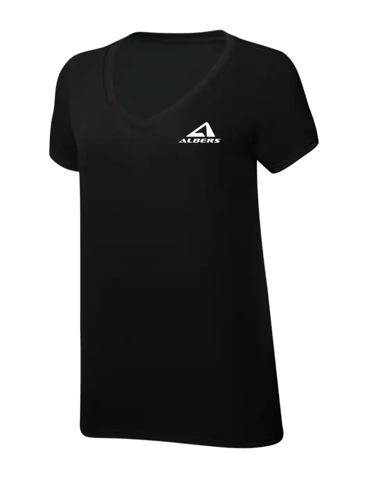 Womens Simply Soft V-Neck Black 4.5oz  Poly/Combed Ring Spun Cotton T-Shirt w/Albers Aerospace Logo