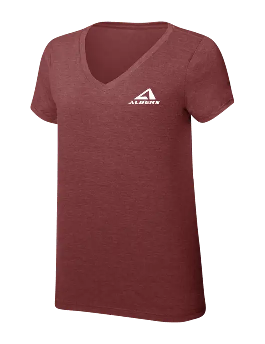 Womens Simply Soft V-Neck Maroon Frost 4.5oz  Poly/Combed Ring Spun Cotton T-Shirt w/Albers Aerospace Logo