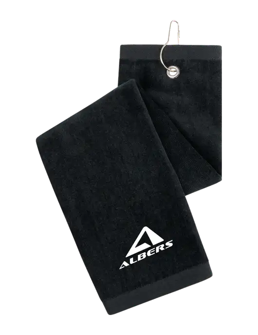 Black Tri-Fold Golf Towel with Grommet w/Albers Aerospace Logo
