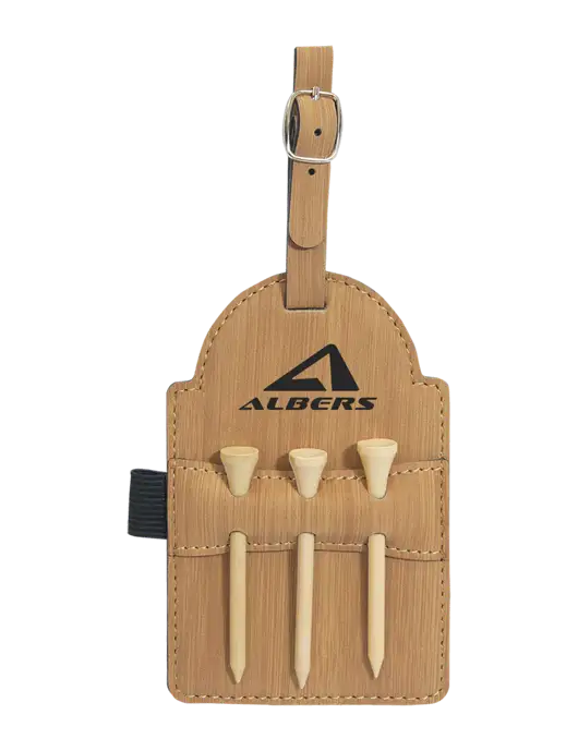 Bamboo Leatherette Golf Bag Tag with 3 Wooden Tees w/Albers Aerospace Logo