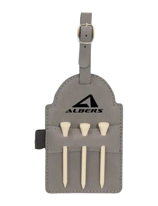 Grey Leatherette Golf Bag Tag with 3 Wooden Tees w/Albers Aerospace Logo