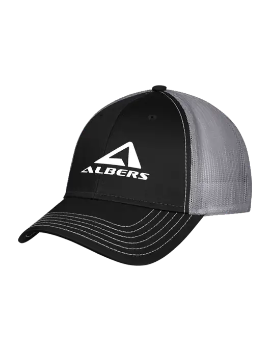 Black/Medium Dark Grey Mesh Trucker Cap Snap Back w/Albers Aerospace Logo