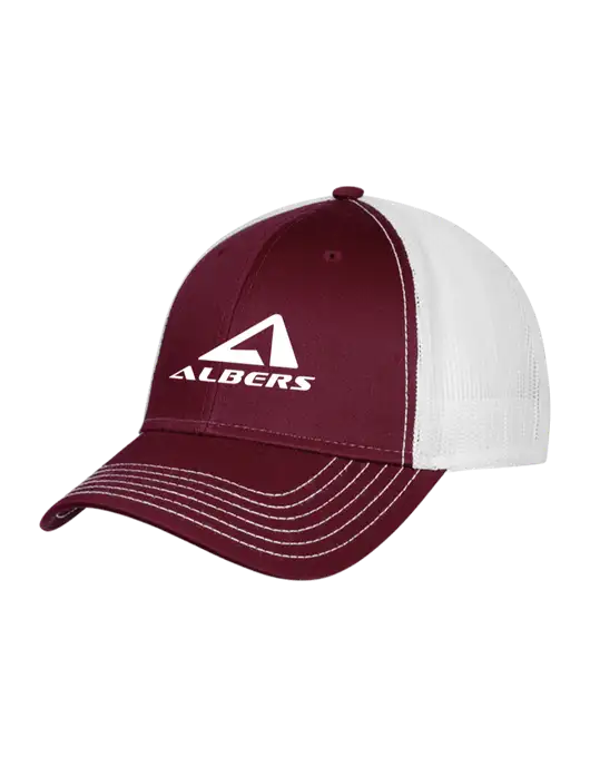 Maroon/Maroon/White Mesh Trucker Cap Snap Back w/Albers Aerospace Logo