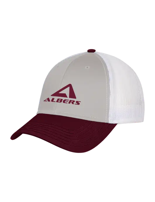 Maroon/Heather Grey/White Mesh Trucker Cap Snap Back w/Albers Aerospace Logo