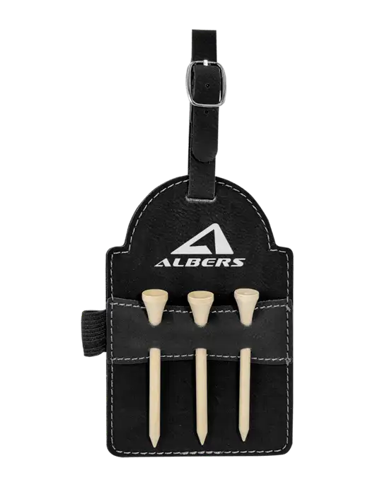 Black Leatherette Golf Bag Tag with 3 Wooden Tees w/Albers Aerospace Logo