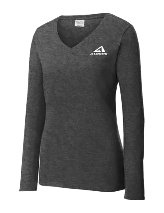 Womens  V-Neck Ring Spun Dark Heather Grey 4.5 oz Long Sleeve T-Shirt w/Albers Aerospace Logo