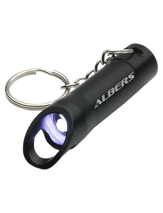 Black Pocket LED Flashlight with Bottle Opener & Keychain w/Albers Aerospace Logo