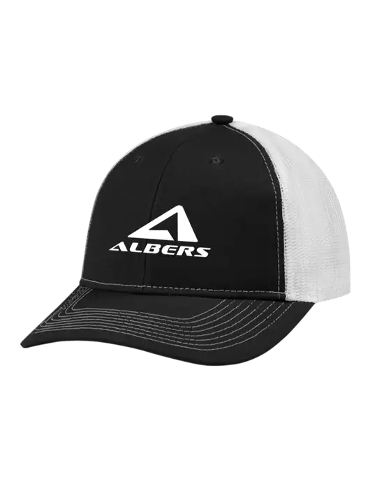 Snapback Ponytail Trucker Cap Black w/White Mesh w/Albers Aerospace Logo
