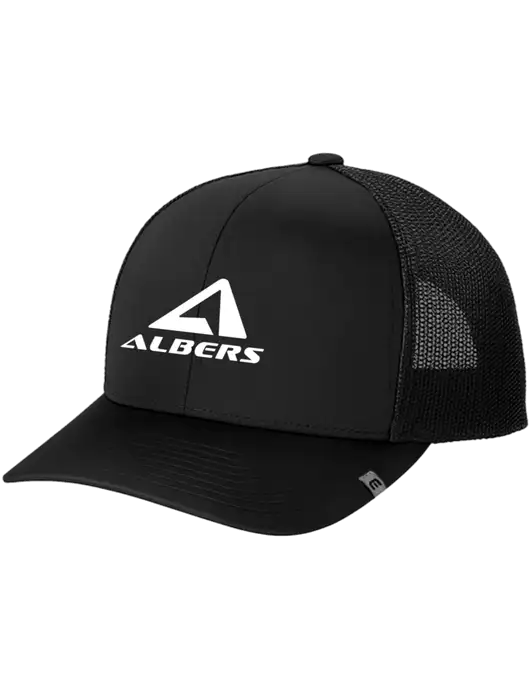 TravisMathew Black Cruz Trucker Cap w/Albers Aerospace Logo