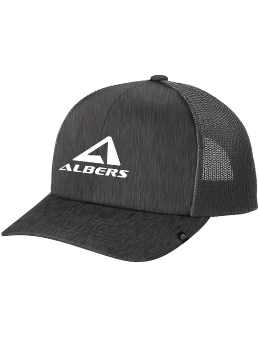 TravisMathew Very Dark Grey Heather Cruz Trucker Cap w/Albers Aerospace Logo